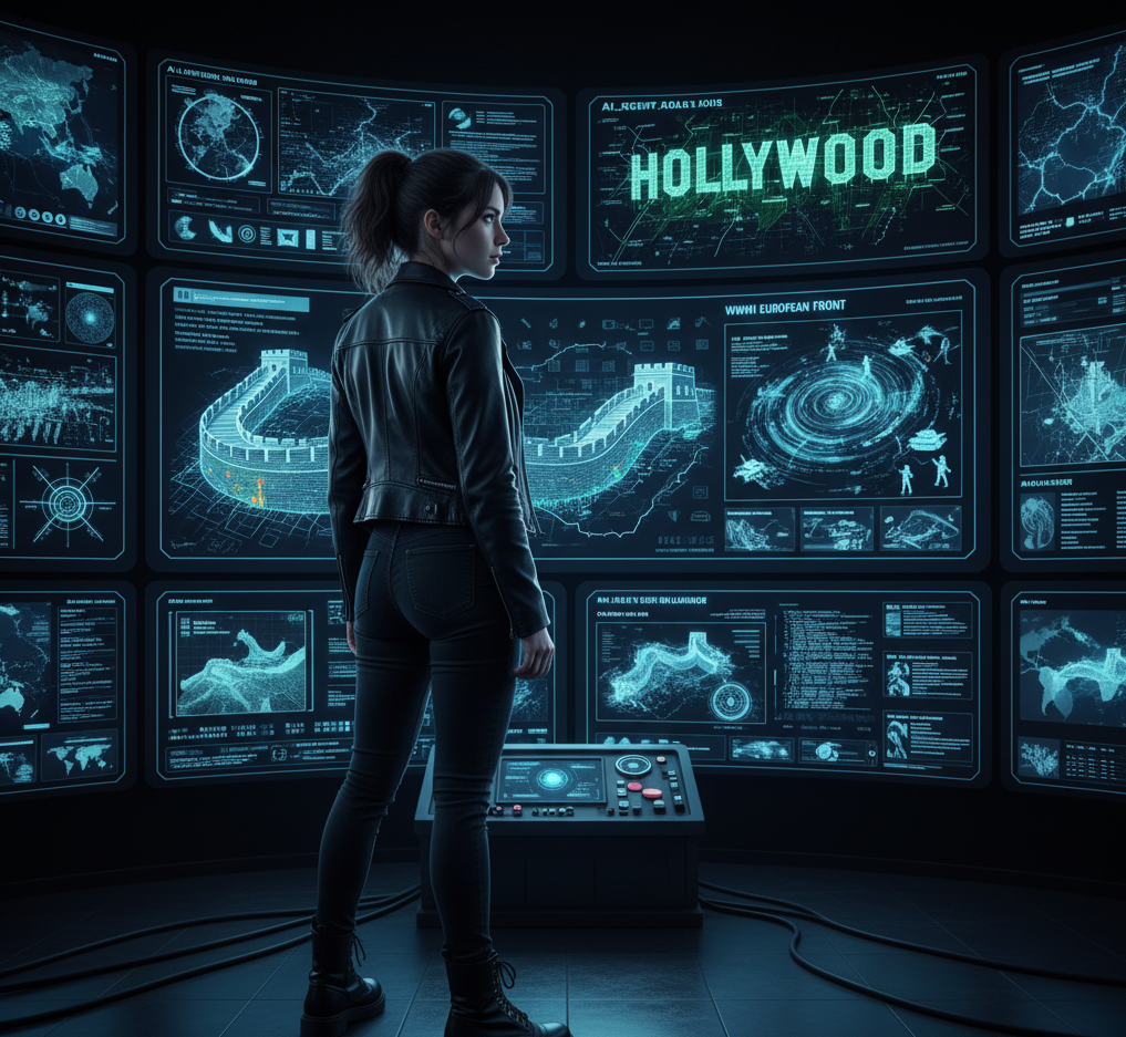 Ariadne staring at holo-screens covered with various images of the old world that are from the Maze. The Hollywood sign and Great Wall of China are featured.
