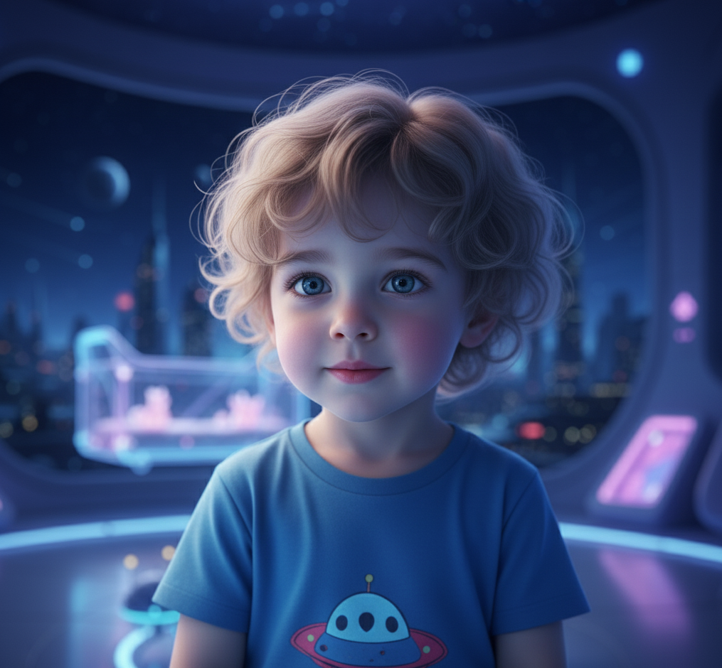 Headshot of a young boy with halo of blonde curls, standing in his nursery.