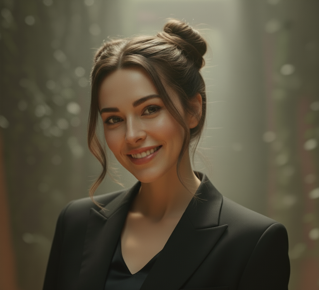 Woman with space buns wearing a suit and black shirt.