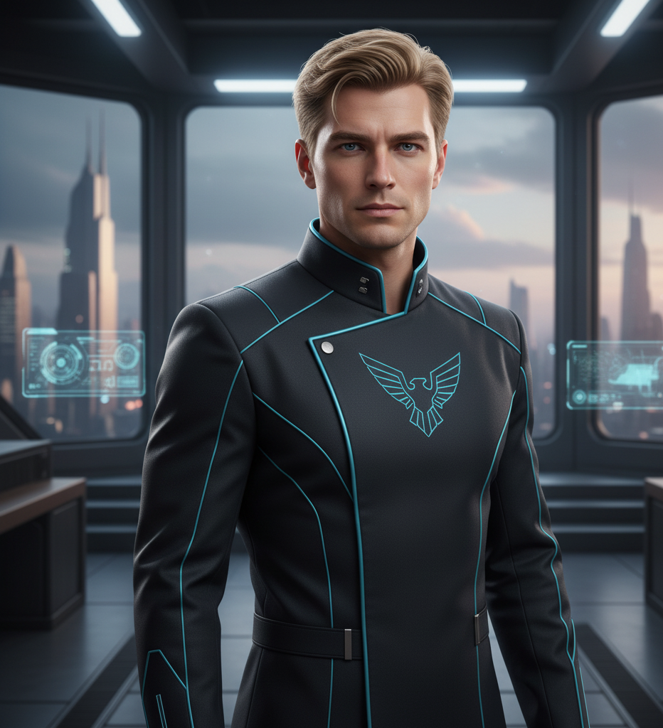 Man with blonde hair wearing a sci fi blazer and he is standing in a command center in a skyscraper overlooking the city.
