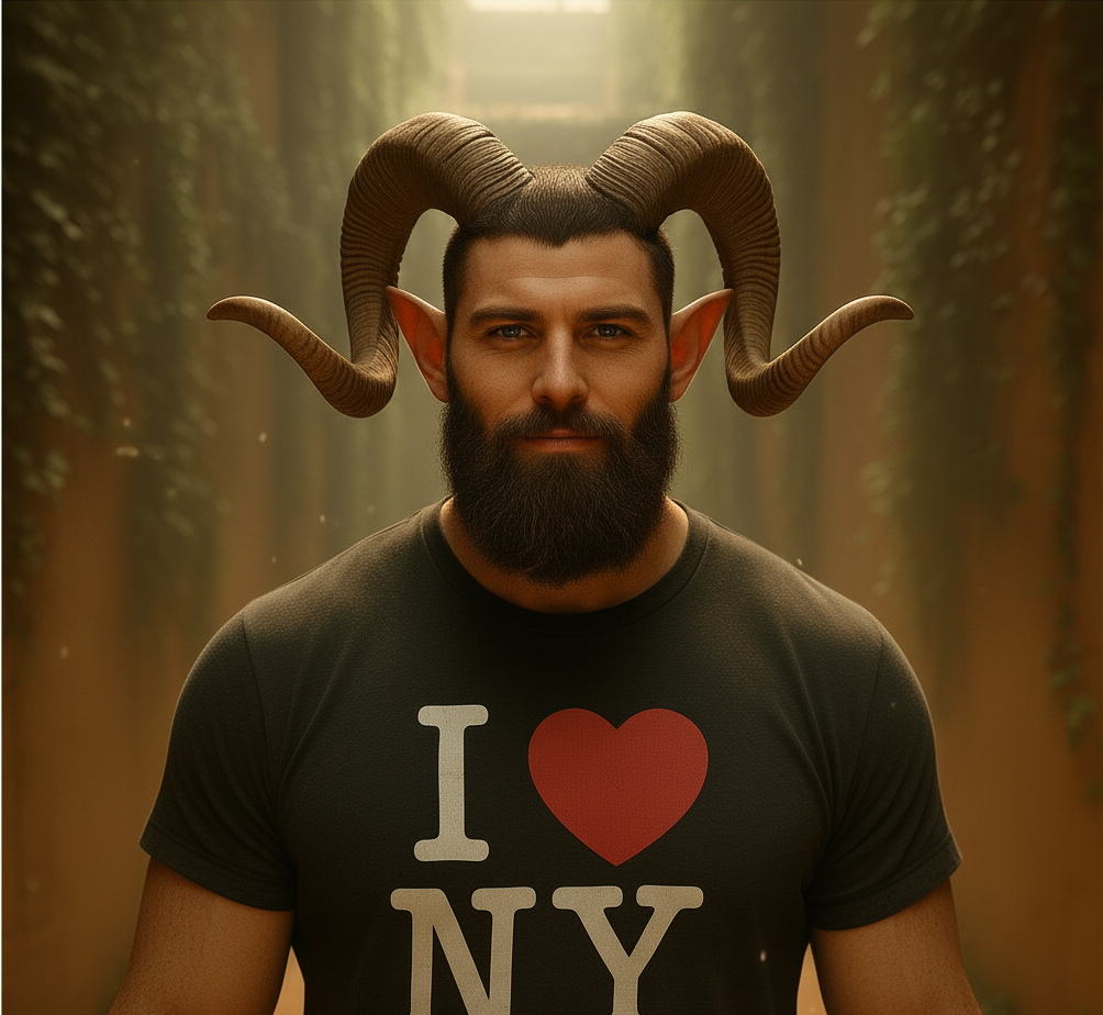 Man with beard, horns and pointy ears wearing an I heart NY shirt inside the Maze.