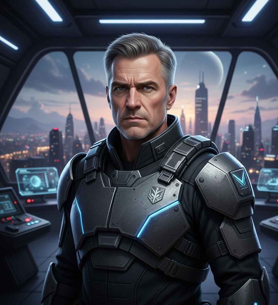 An older man wearing a sci fi mech suit standing in a command center looking over a city.