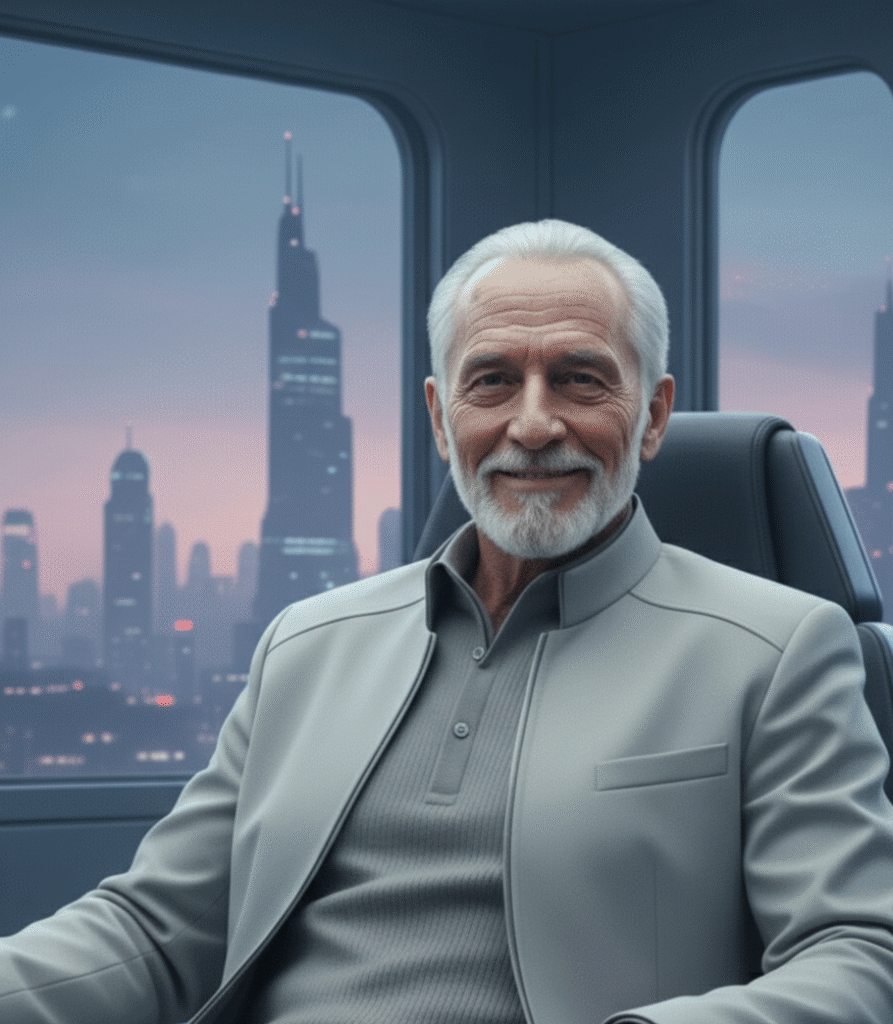Old man sitting in a chair overlooking a sci fi city.