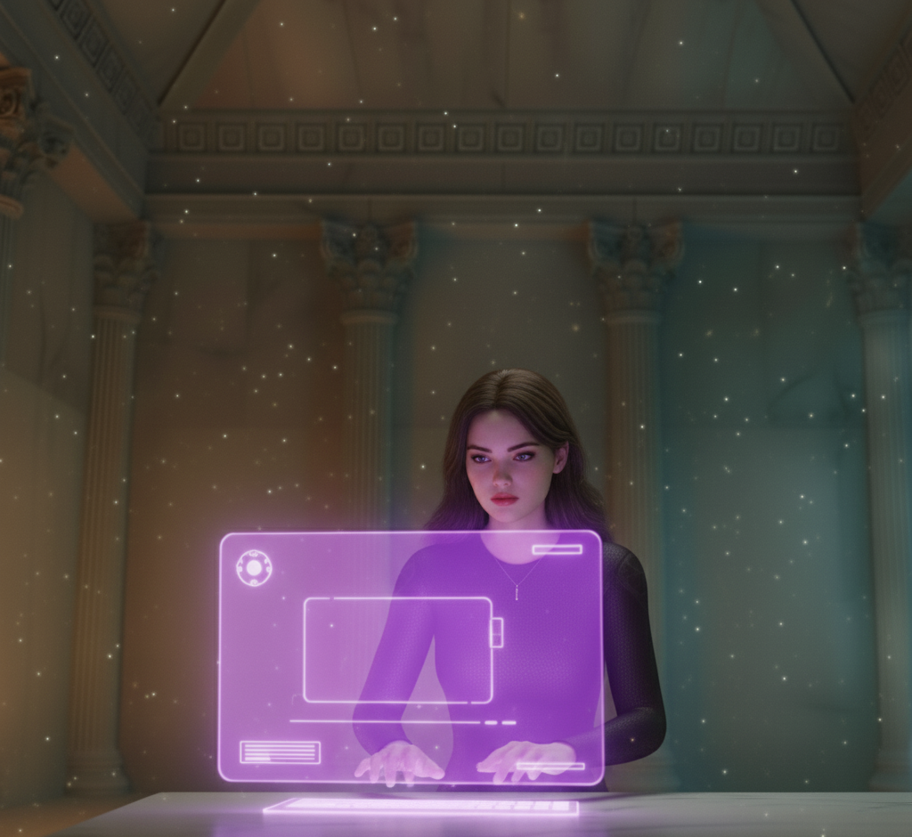 Woman typing at a purple holo-screen inside a temple.
