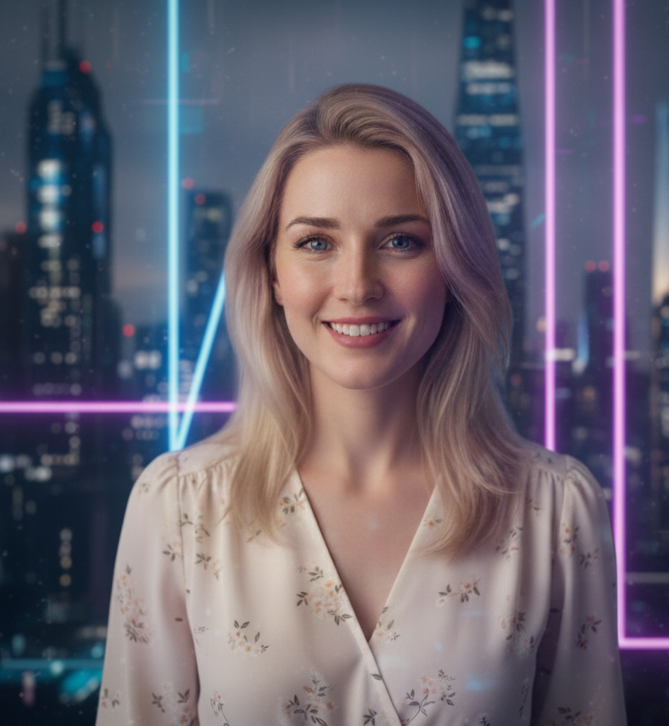 Woman with blonde hair in front of a sci fi background.