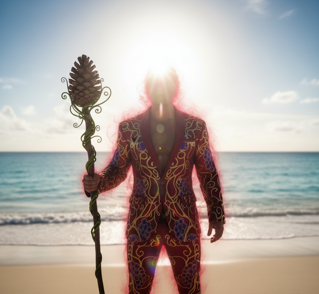 Man with a blurred out face holding a thyrsus (pinecone topped staff) with a red aura standing on a beach.