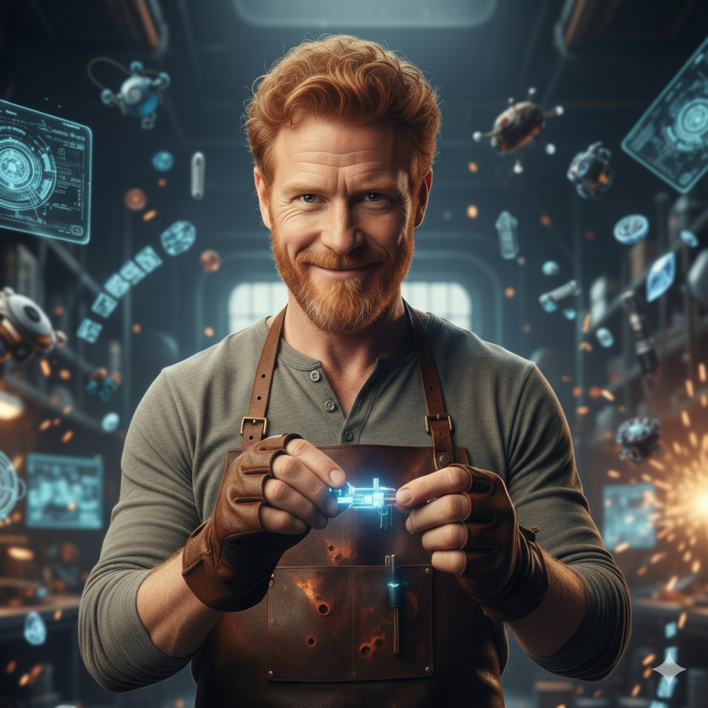Man with ginger hair wearing a leather apron standing inside a sci-fi workshop.