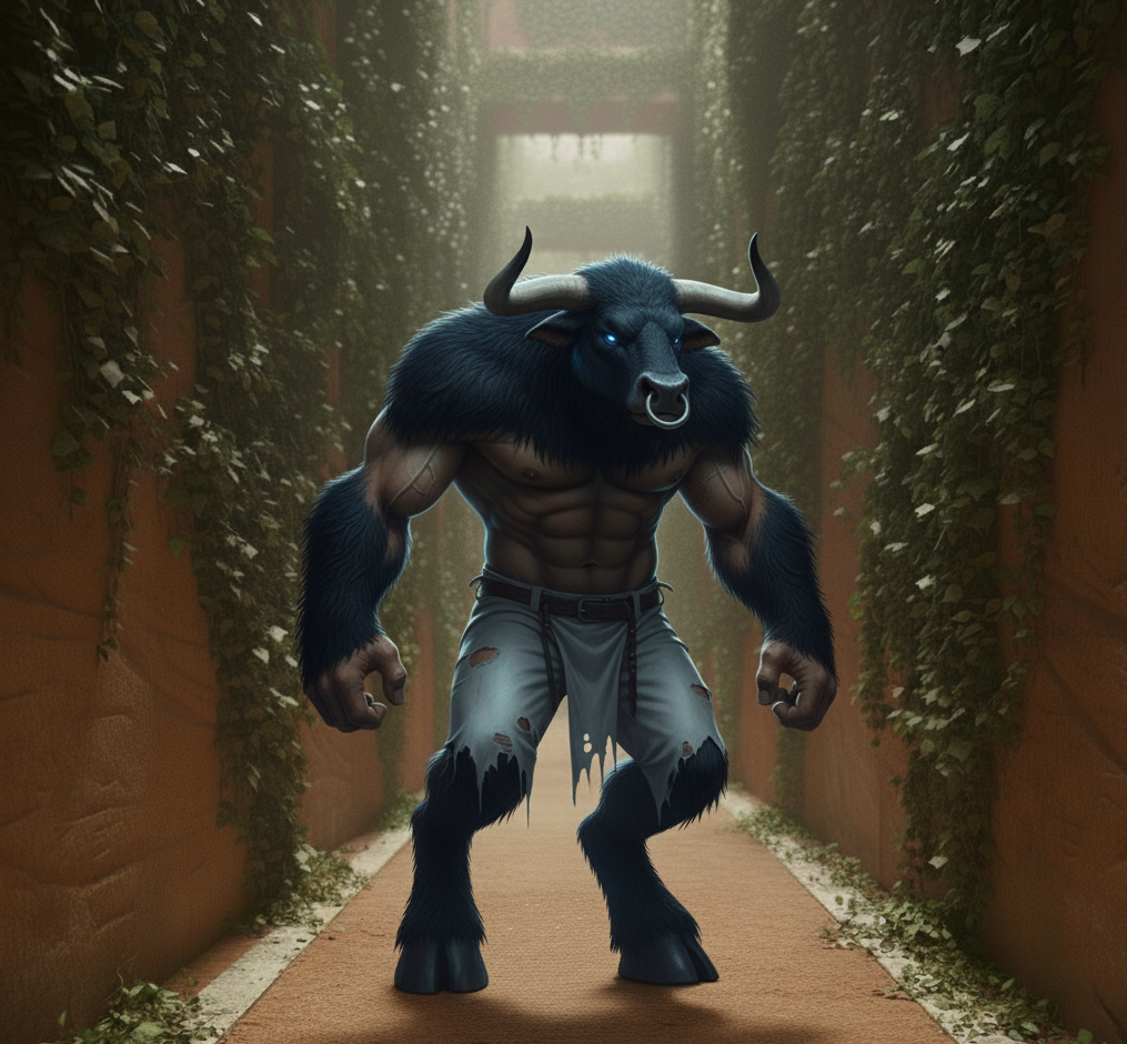 Minotaur standing in the center of a long corridor in the Maze.