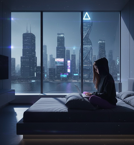 Ariadne sitting on her bed in her room