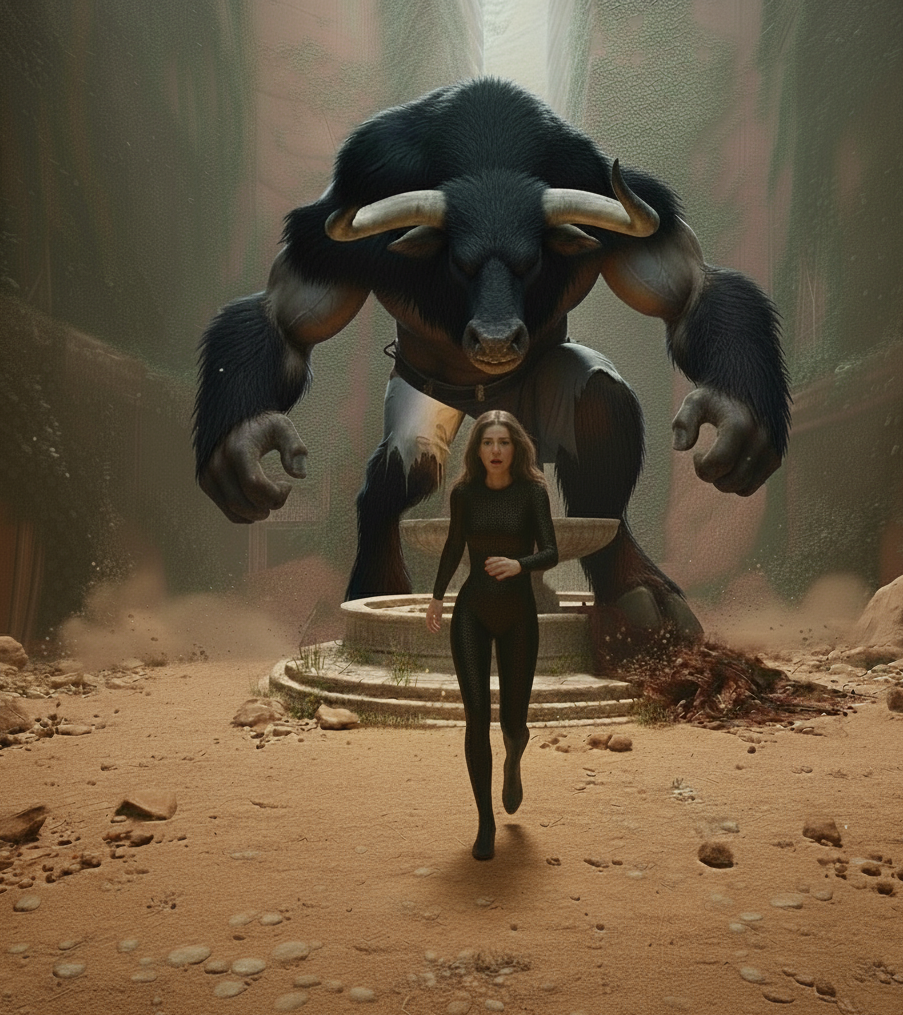 Ariadne running from Minotaur