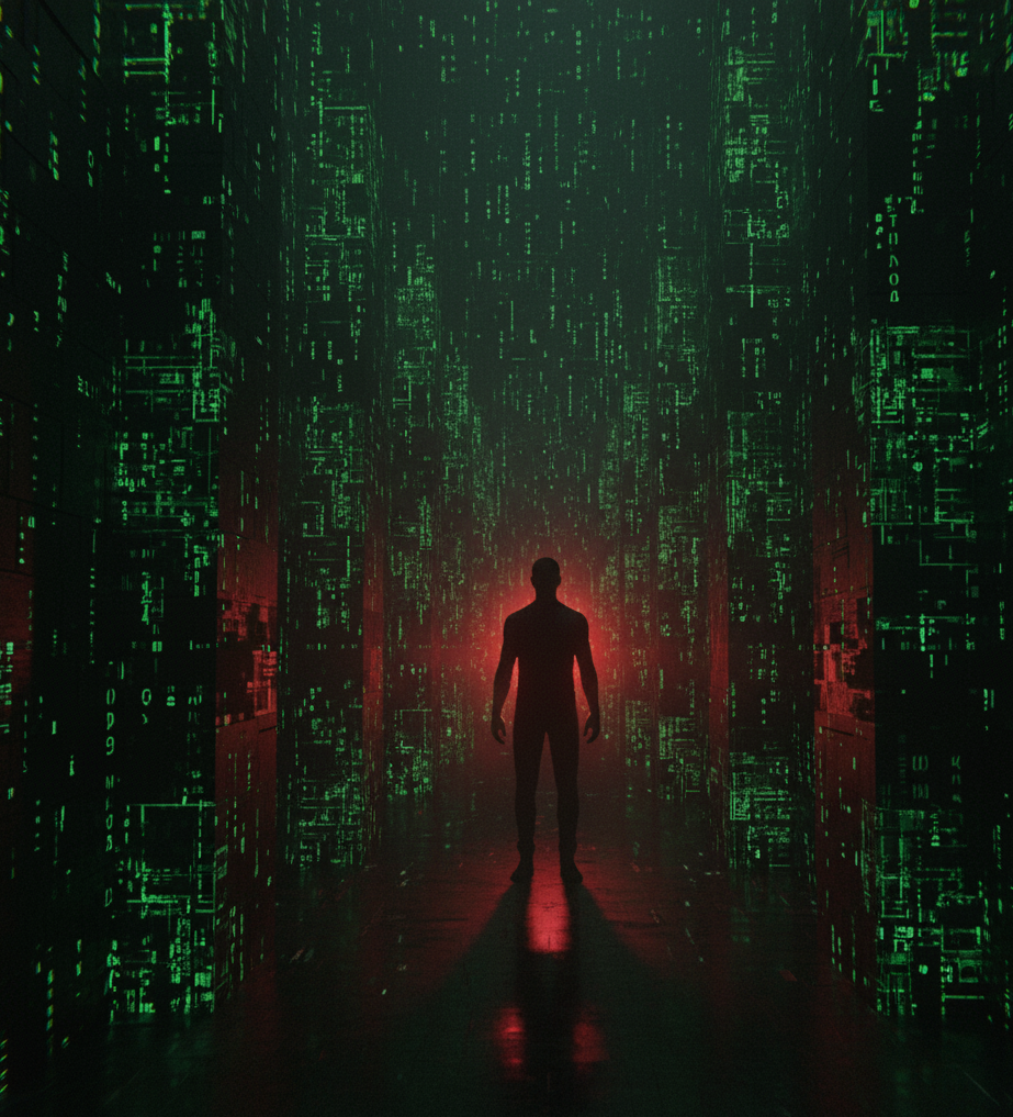 Silhouette of a man backlit by red light standing inside walls made of green code