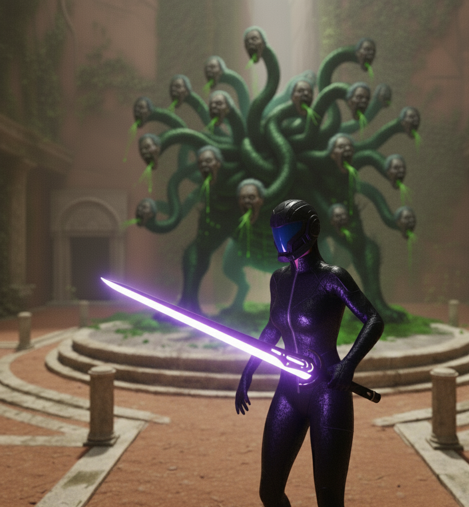 Ariadne fighting the Hydra holding a glowing purple sword