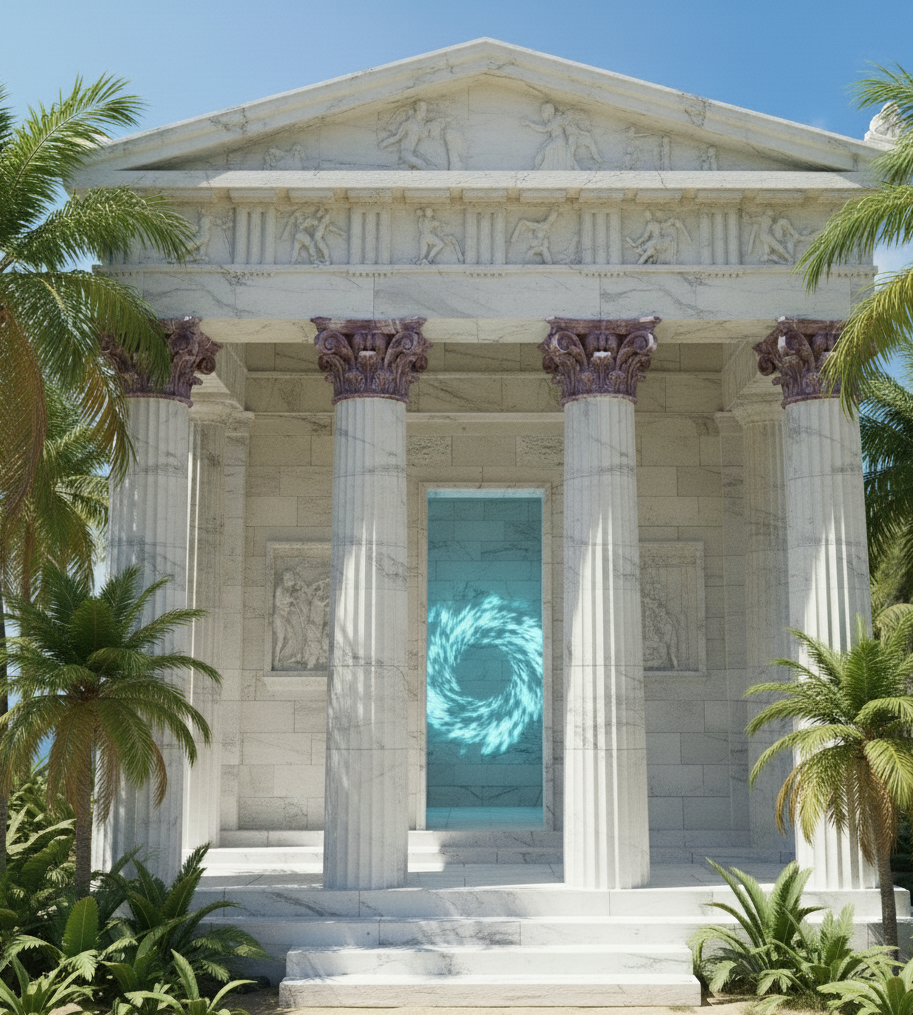 Frontal image of white marble temple with purple capitals and portal through the door