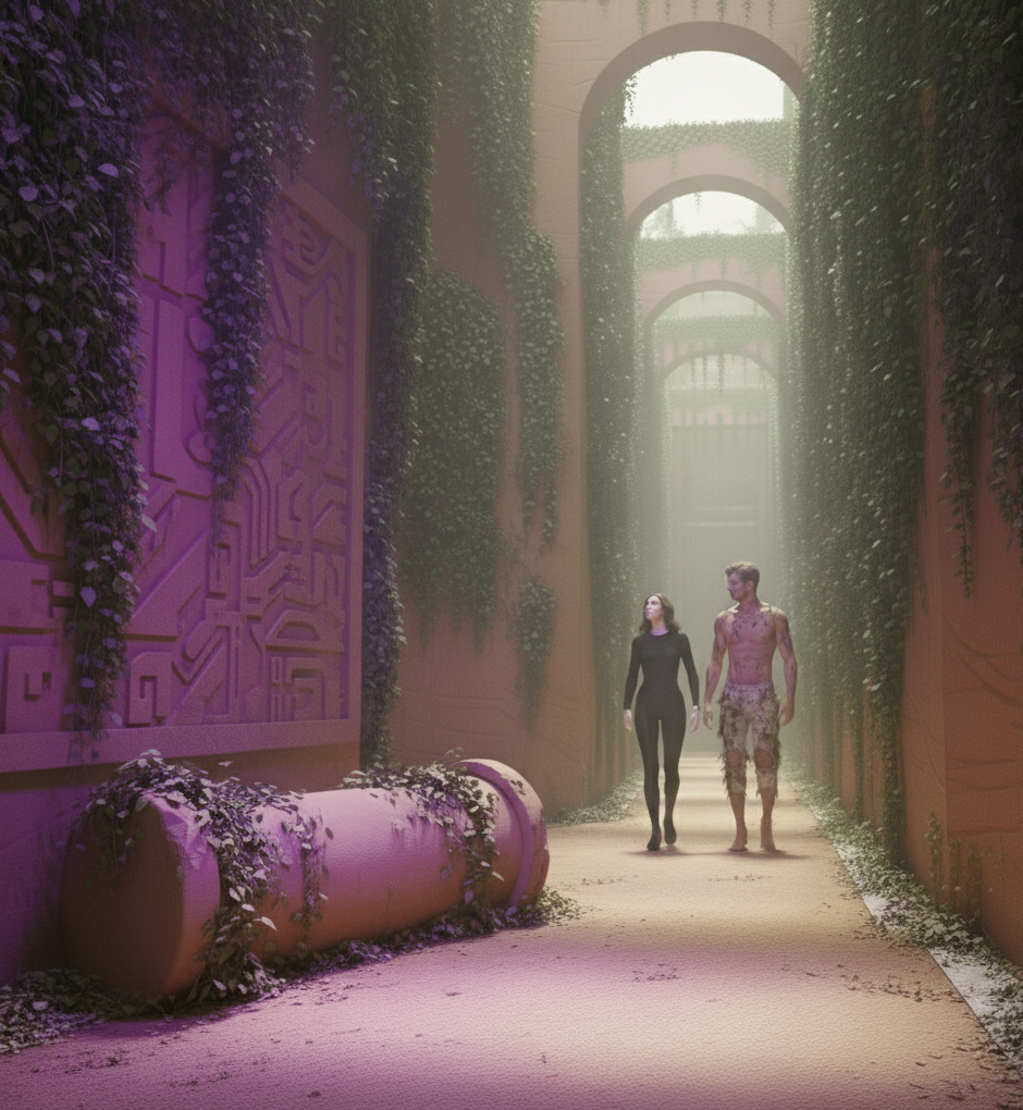 Ariadne and Theseus walking through the Maze past markings on the wall.
