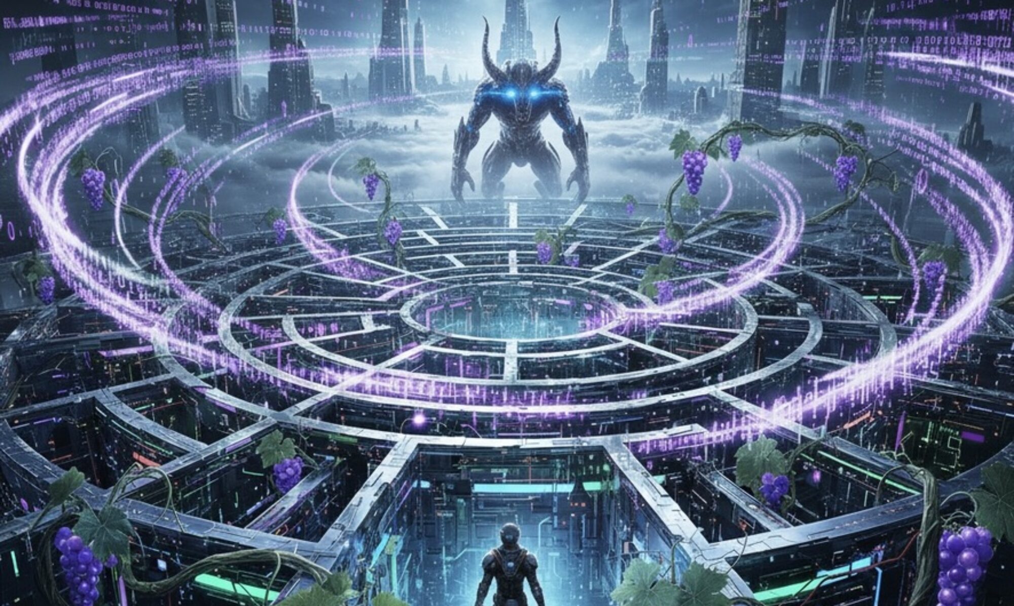 Technological maze intersected by grape vines, surrounded by purple circular code, as Ariadne and the Minotaur stand across from one another.